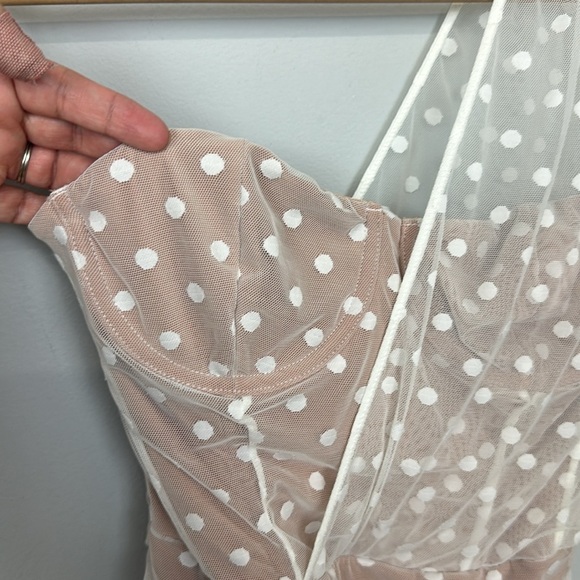 White Fox Fusion Sour One Shoulder White Mesh Polka Dot Mini Dress Ruched Sz - Picture 6 of 11